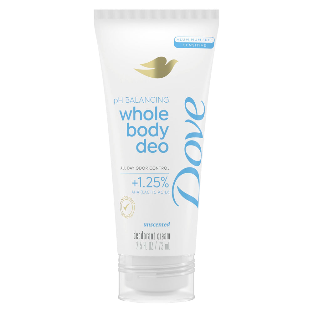 Dove whole body cream deodorant front jar showing brand and clean design, gentle protection