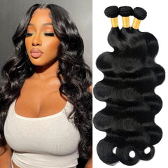 Dowstalgirl front view of three bundled body wave wefts showing natural shine and full coverage