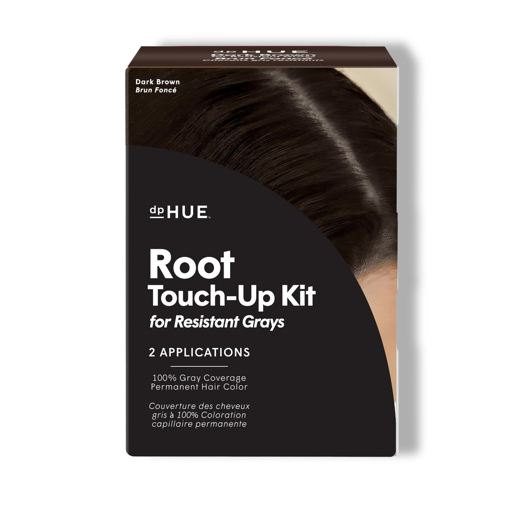 dpHUE front packaging showing dark brown root touch-up and two-application benefit