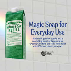 Dr. Bronner's almond close-up label highlighting organic and regenerative certified oils