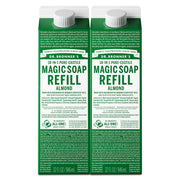 Dr. Bronner's almond front packaging showing two 32oz refill cartons and eco benefits