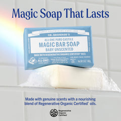 Dr. Bronner's bar close-up showing smooth texture and gentle lather