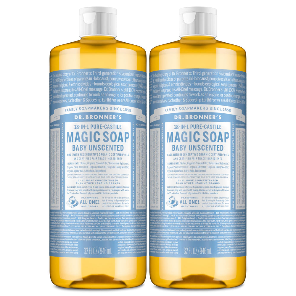 Dr. Bronner's front packaging showing clear unscented label and product benefits