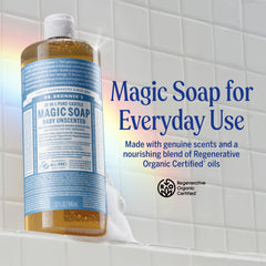 Dr. Bronner's pump dispense close-up demonstrating controlled, easy pouring