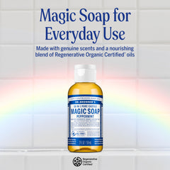 Close-up of Dr. Bronner's bottle label highlighting organic and fair trade ingredients, signals transparency