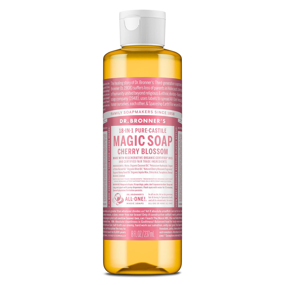Dr. Bronner's bottle front label showing cherry blossom scent and benefits