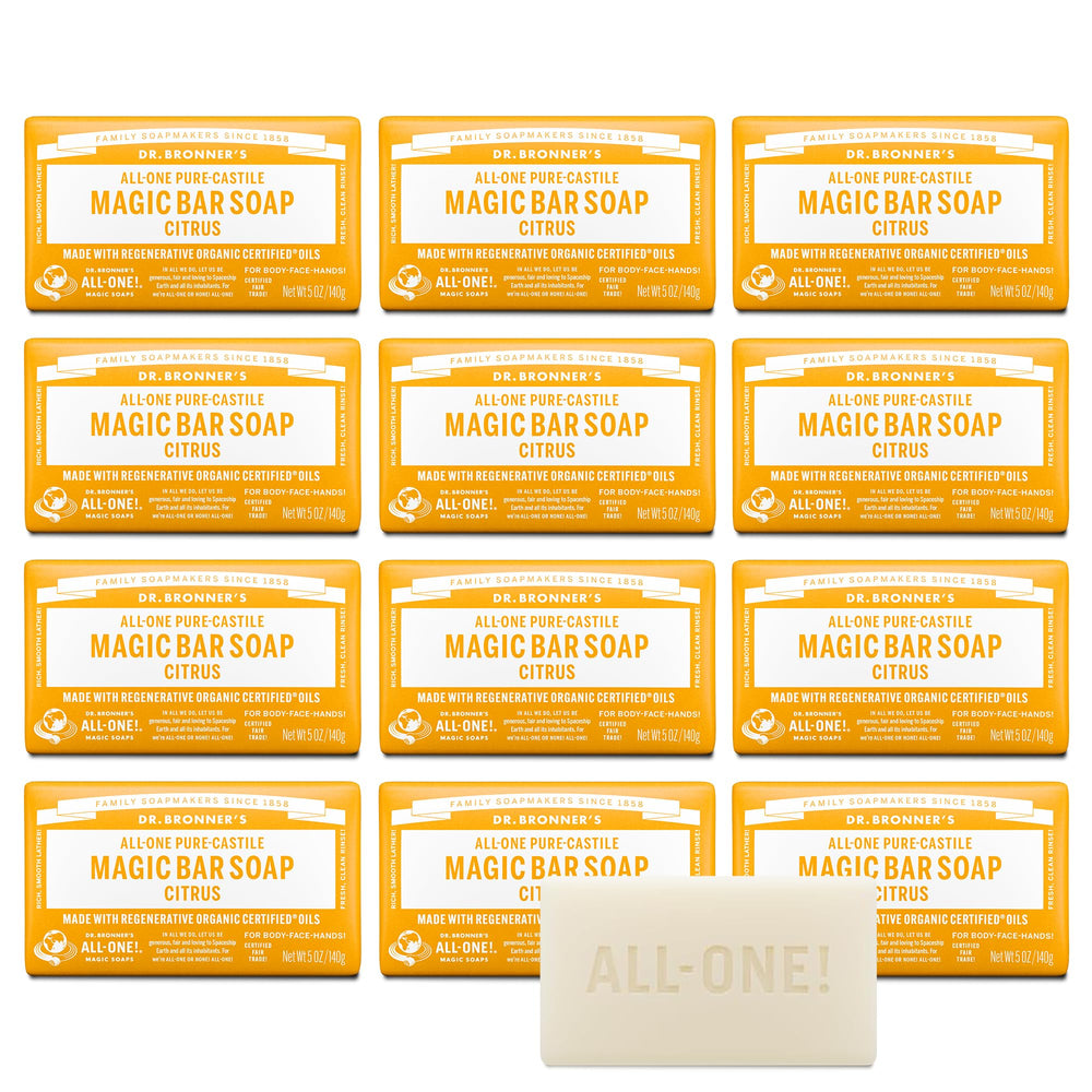 Dr. Bronner's front packaging shows 12-pack and citrus scent, value and clarity