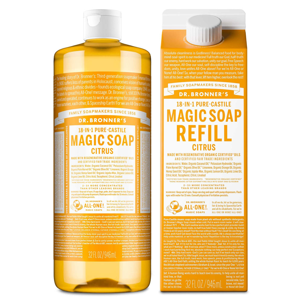 Dr. Bronner's citrus front label showing organic badge and multi-use benefits