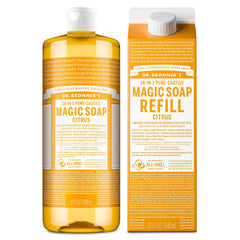 Dr. Bronner's citrus front label showing organic badge and multi-use benefits