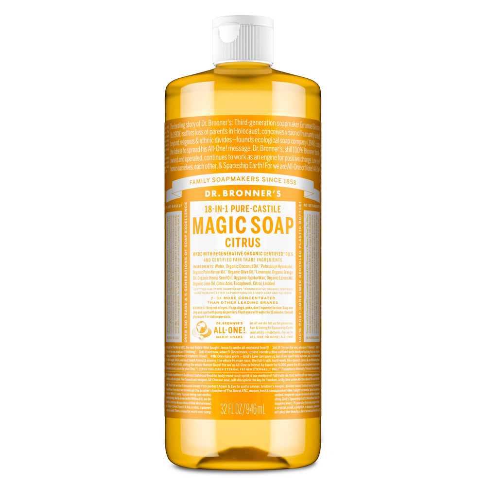 Dr. Bronner's front bottle view showing 32 oz packaging and bright citrus label for clear identification and benefits