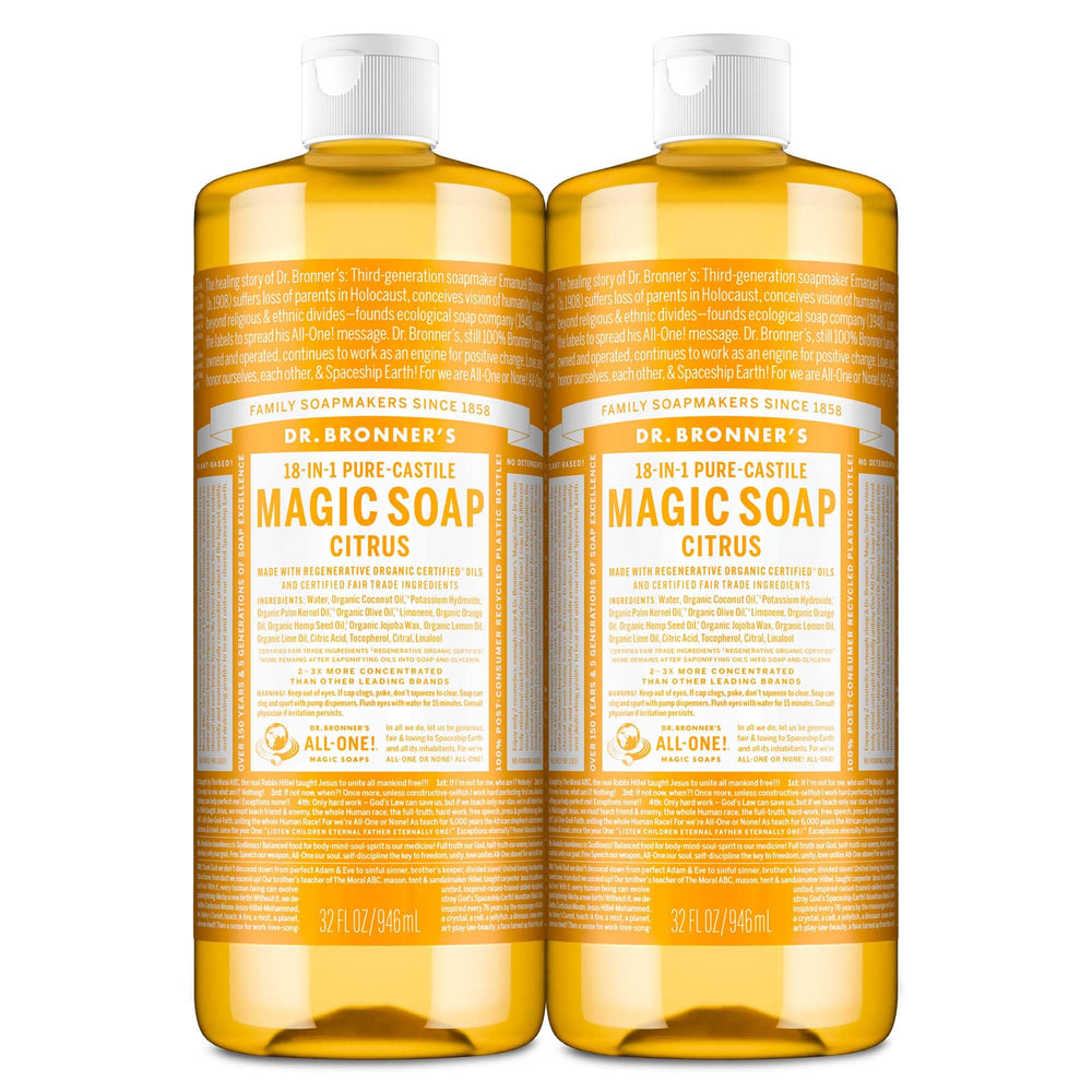 Dr. Bronner's citrus front packaging showing two 32 oz bottles and value pack benefit