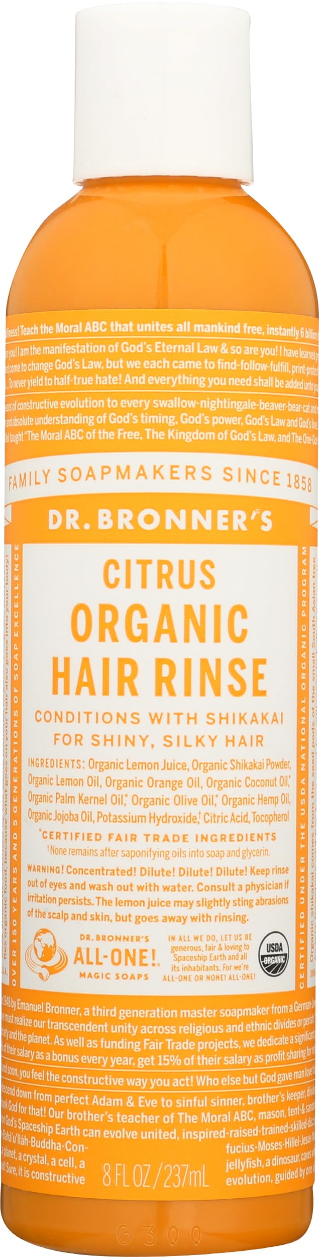 Dr. Bronner's front label showing citrus orange and organic certification benefits