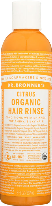 Dr. Bronner's front label showing citrus orange and organic certification benefits
