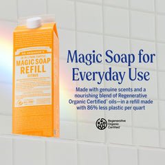 Dr. Bronner's soap pouring from carton illustrating concentrated formula benefit