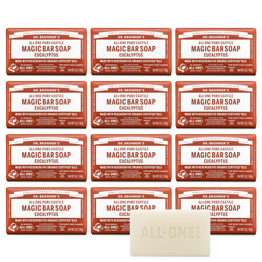 Dr. Bronner's eucalyptus bar front packaging showing recycled wrapper and brand