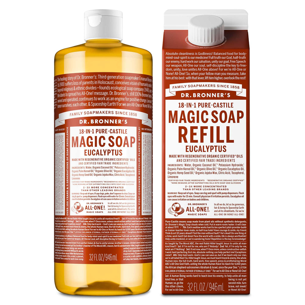 Dr. Bronner's eucalyptus bottle front view showing clean packaging and scent benefits