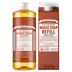 Dr. Bronner's eucalyptus bottle front view showing clean packaging and scent benefits