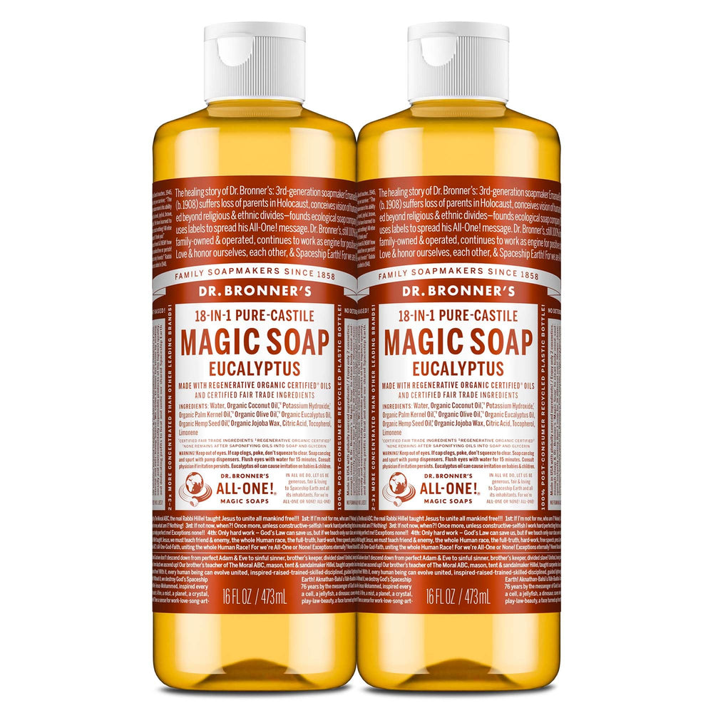 Dr. Bronner's front packaging showing two 16 oz bottles and clear labeling for easy storage