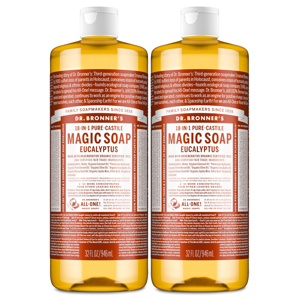 Dr. Bronner's front packaging showing two 32 oz bottles and eucalyptus scent benefit
