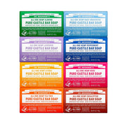 Dr. Bronner's front packaging showing eight variety bars and benefits
