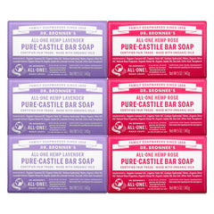 Dr. Bronner's front packaging showing Lavender and Rose bars, eco-conscious variety