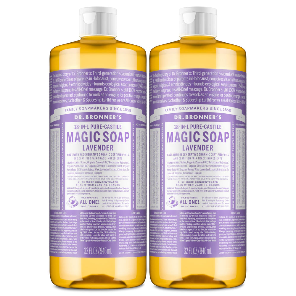 Dr. Bronner's front packaging showing two 32 oz bottles and easy recognition
