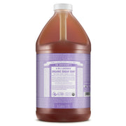 Dr. Bronner's front view of 64 oz lavender sugar soap bottle, convenient refill