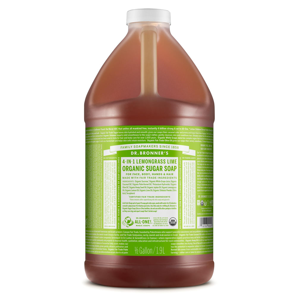 Dr. Bronner's front label showing lemongrass 64 oz and organic benefits
