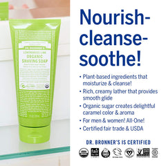 Dr. Bronner's lemongrass shaving soap tub close-up conveying invigorating fresh scent