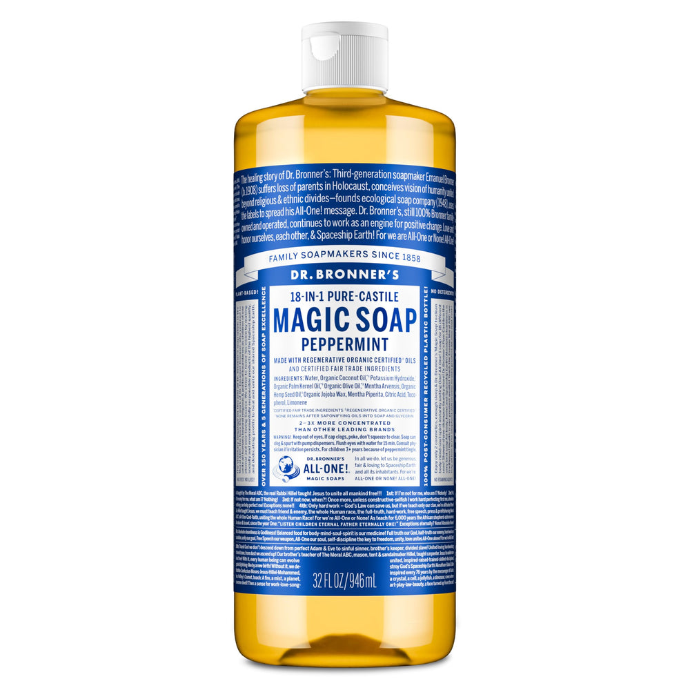 Dr. Bronner's front bottle view showing peppermint label and eco benefits