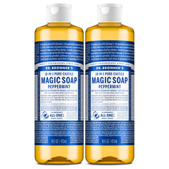 Dr. Bronner's peppermint bottle front label showing product identity and benefits
