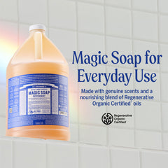 Dr. Bronner's peppermint soap pouring from spout closeup to show concentrated texture and flow