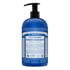Dr. Bronner's bottle front view showing peppermint label and organic benefits