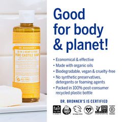 Dr. Bronner's Rose bottle staged in a bathroom emphasizing gentle skin-friendly benefit