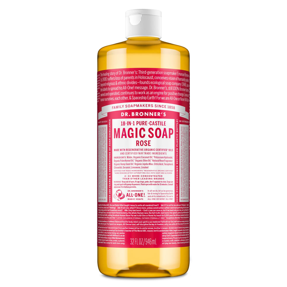 Dr. Bronner's front label on 32 oz bottle showing rose scent and size benefits