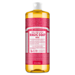Dr. Bronner's front label on 32 oz bottle showing rose scent and size benefits