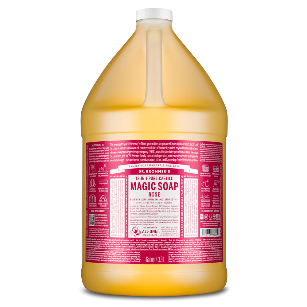 Dr. Bronner's rose 1-gallon front label showing product and scent for refill convenience