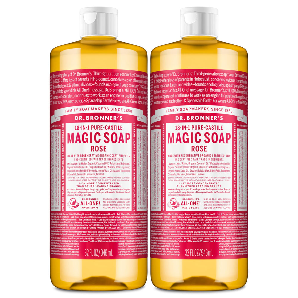 Dr. Bronner's rose bottle front view showing label and scent benefit