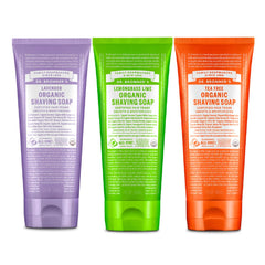 Dr. Bronner's shaving soap 3-pack front view showing all three scent tubs for variety