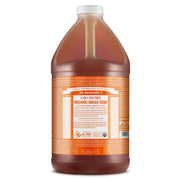 Dr. Bronner's 64 oz front label showing product name and organic claims, clear identification benefit