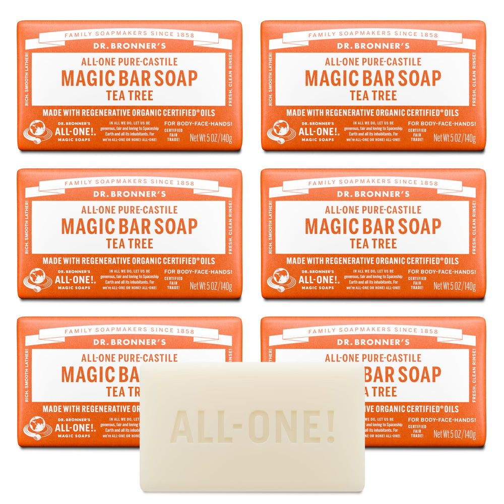 Dr. Bronner's front packaging showing tea tree bar and clear labeling benefit eco-friendly wrap