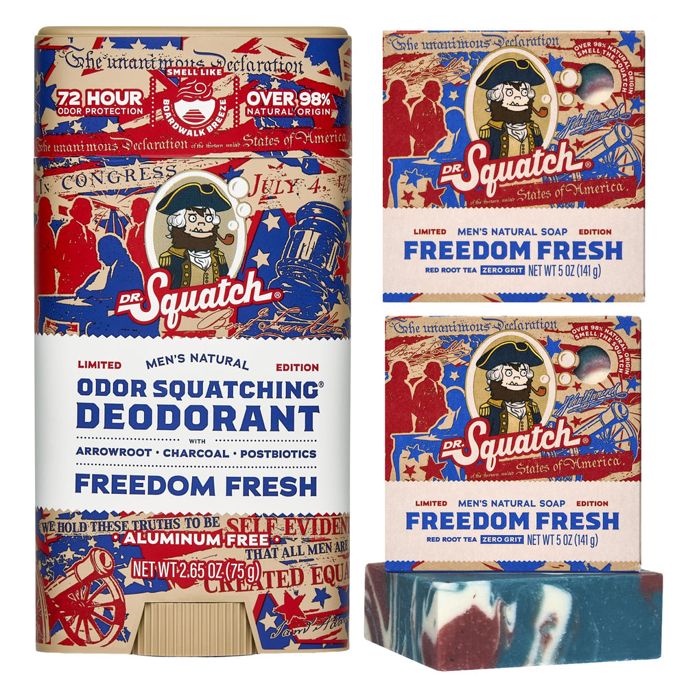 Dr. Squatch front packaging showing 3-pack and patriotic design, conveys limited-edition appeal
