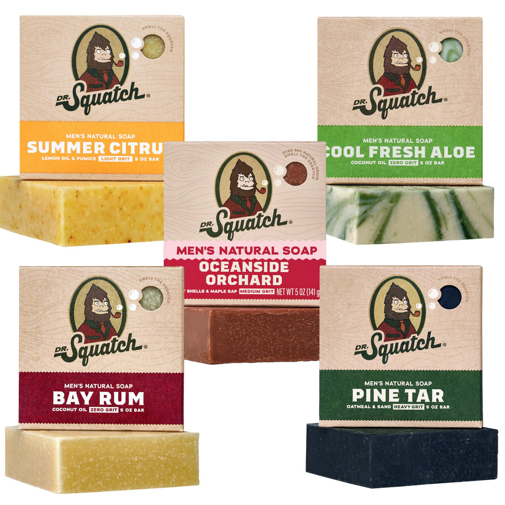 Dr. Squatch front packaging showing five-scent set and natural benefits