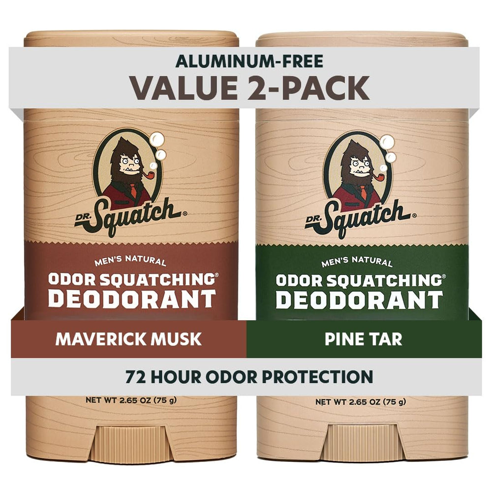Dr. Squatch front packaging showing two-stick deodorant pack for convenience