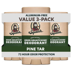 Dr. Squatch 3-pack deodorant front view showing packaging and Pine Tar scent benefit