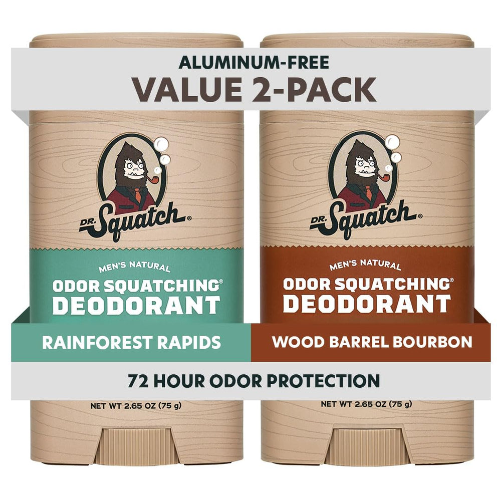 Dr. Squatch front packaging showing the two-stick aluminum-free deodorant pack and clean design benefit