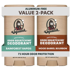 Dr. Squatch front packaging showing the two-stick aluminum-free deodorant pack and clean design benefit