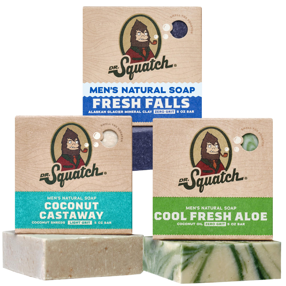 Dr. Squatch front packaging showing three-bar variety, clear product benefits