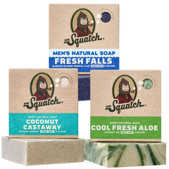 Dr. Squatch front packaging showing three-bar variety, clear product benefits