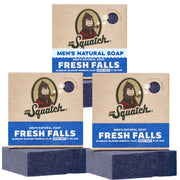 Dr. Squatch front packaging showing Fresh Falls scent and three bars benefits